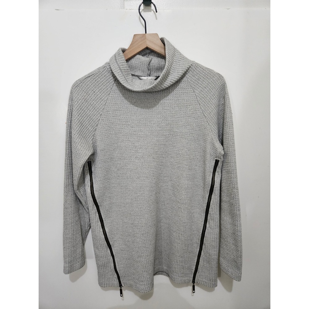 LL Bean Signature Womens Gray Waffle Knit Cowl Neck Side Zip Pullover XS 505130